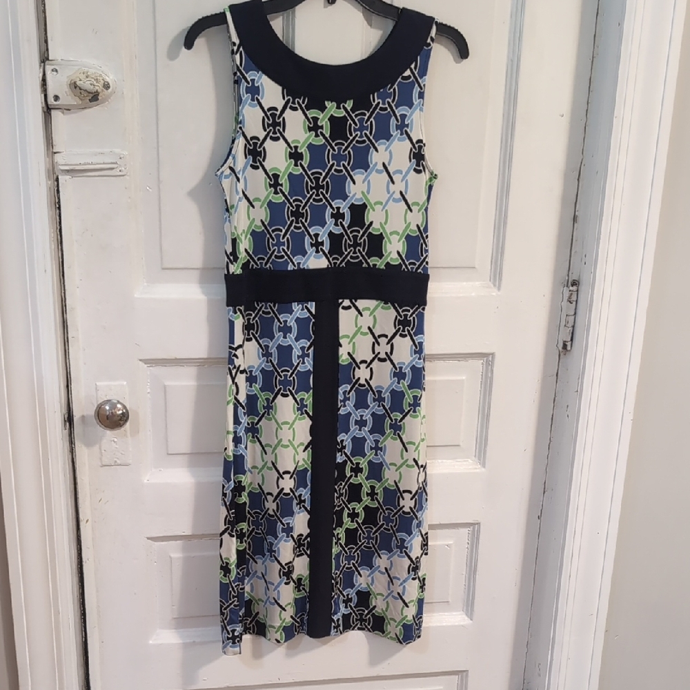 Tory Burch Silk Stylish Geometric Patterned Dress - Blue, Green, Black